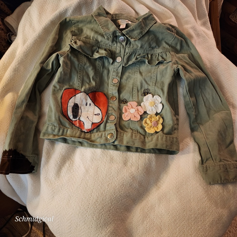 Hand Painted Snoopy Artsy Festival Jacket Kids 7/8 Olive Green Peanuts Woodstock